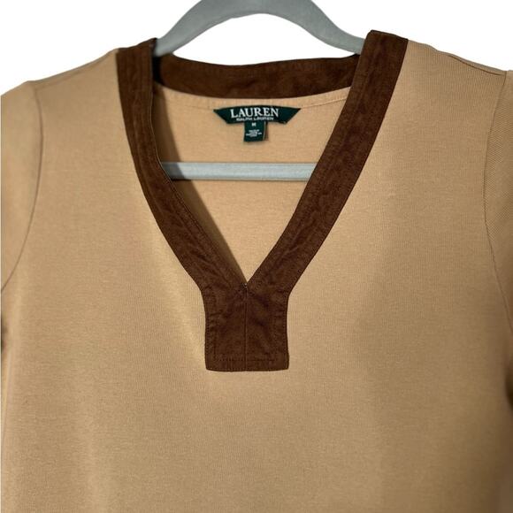 Lauren Ralph Lauren Tan Brown Suede Trim V Neck Long Sleeve top Size Med - Picture 4 of 11